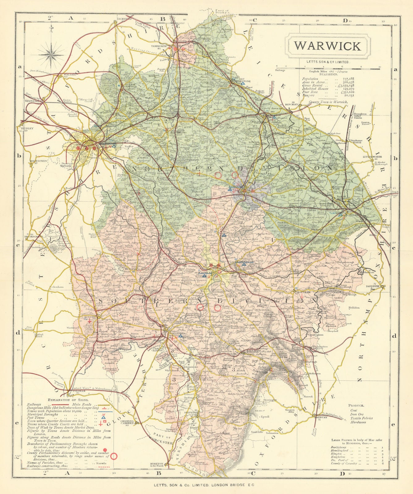 Warwickshire county map showing Post Towns & Market Days. LETTS 1884 old